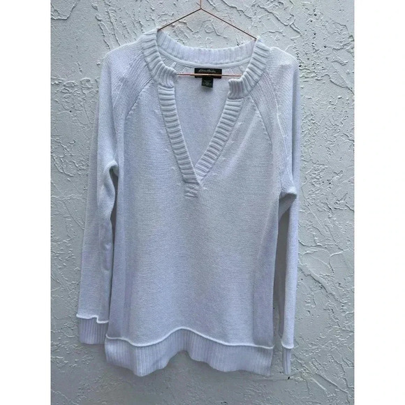 Eddie Bauer Womens Pullover Long Sleeve V Neck Knit Sweater White Sz L - Picture 1 of 6